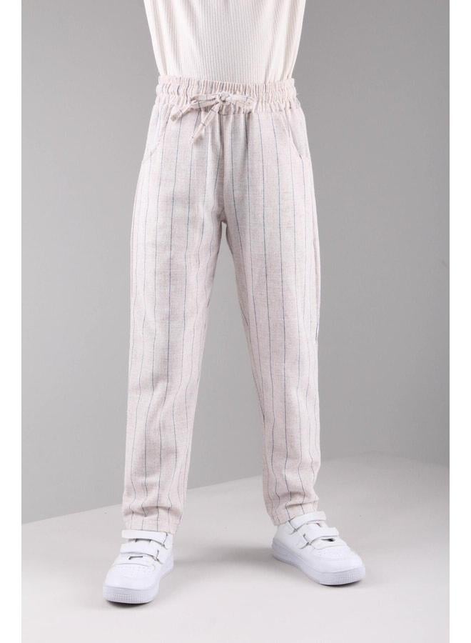 Perendi Pocketed Boys' and Girls' Blue Striped Linen Pants. - Image 1