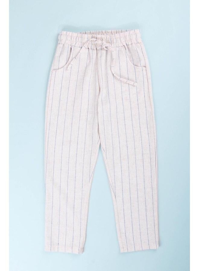 Perendi Pocketed Boys' and Girls' Blue Striped Linen Pants. - Image 2