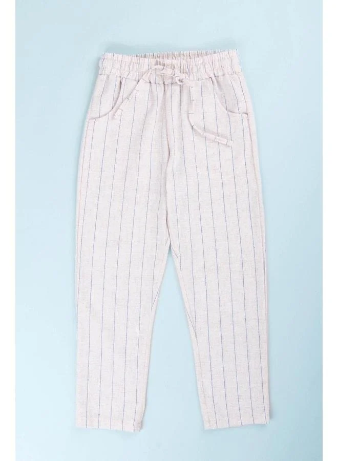 Perendi Pocketed Boys' and Girls' Blue Striped Linen Pants.