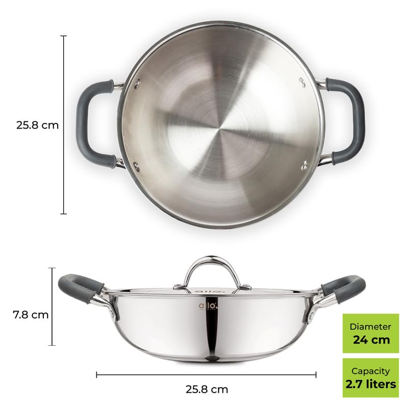 Allo Allo CookSafe TriPly Stainless Steel Kadhai & Frypan 2pcs Combo Set of 2.7 litres Kadhai with Lid and 1.5 litres Frypan Without Lid, Induction Friendly, Naturally Non Stick, 24cm, & 22cm,  - Image 2