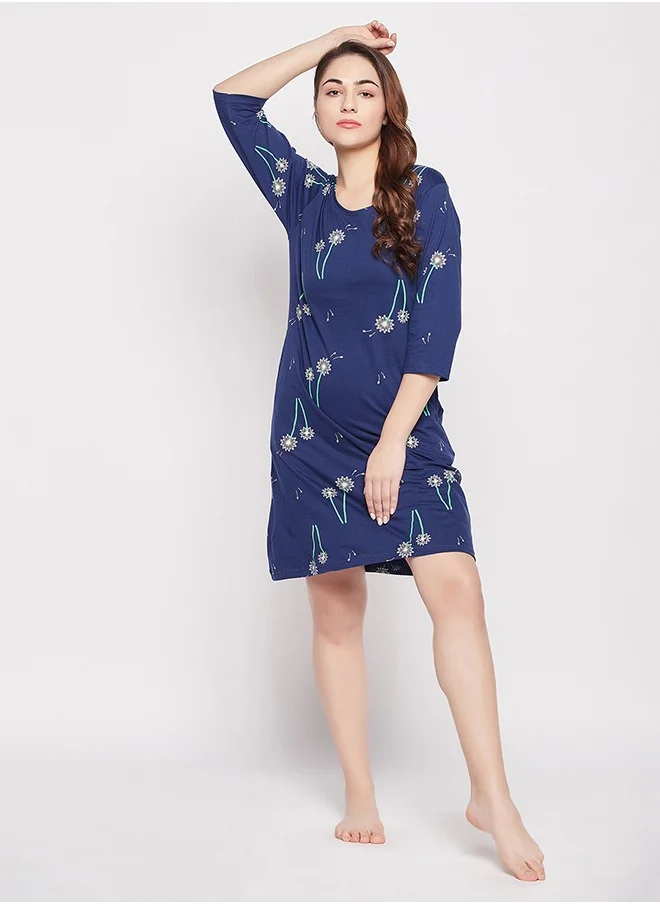 Clovia Clovia Pretty Florals Long Sleep Tee in Navy - 100% Cotton