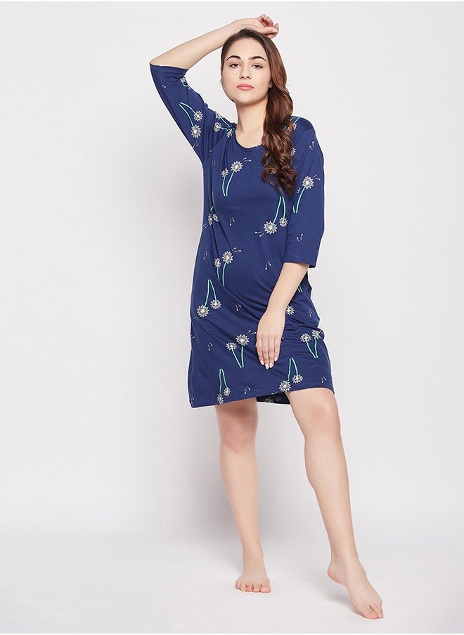 Clovia Clovia Pretty Florals Long Sleep Tee in Navy - 100% Cotton  - Image 1