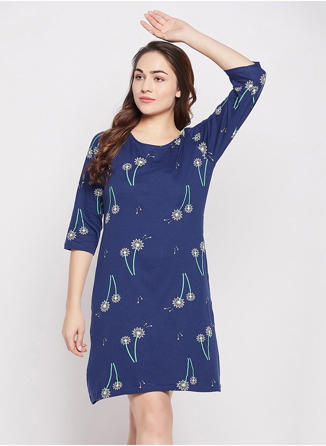 Clovia Clovia Pretty Florals Long Sleep Tee in Navy - 100% Cotton  - Image 2