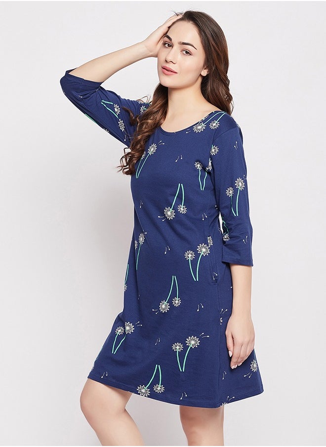 Clovia Clovia Pretty Florals Long Sleep Tee in Navy - 100% Cotton  - Image 3