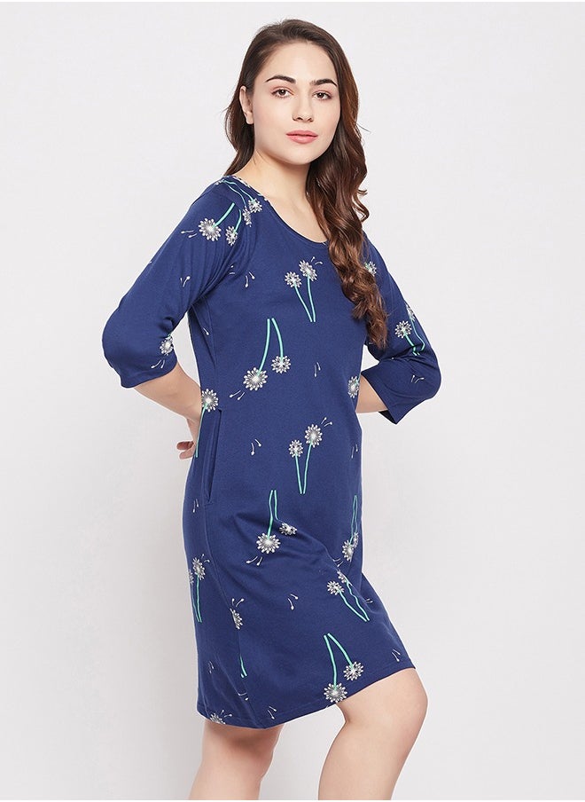 Clovia Clovia Pretty Florals Long Sleep Tee in Navy - 100% Cotton  - Image 4