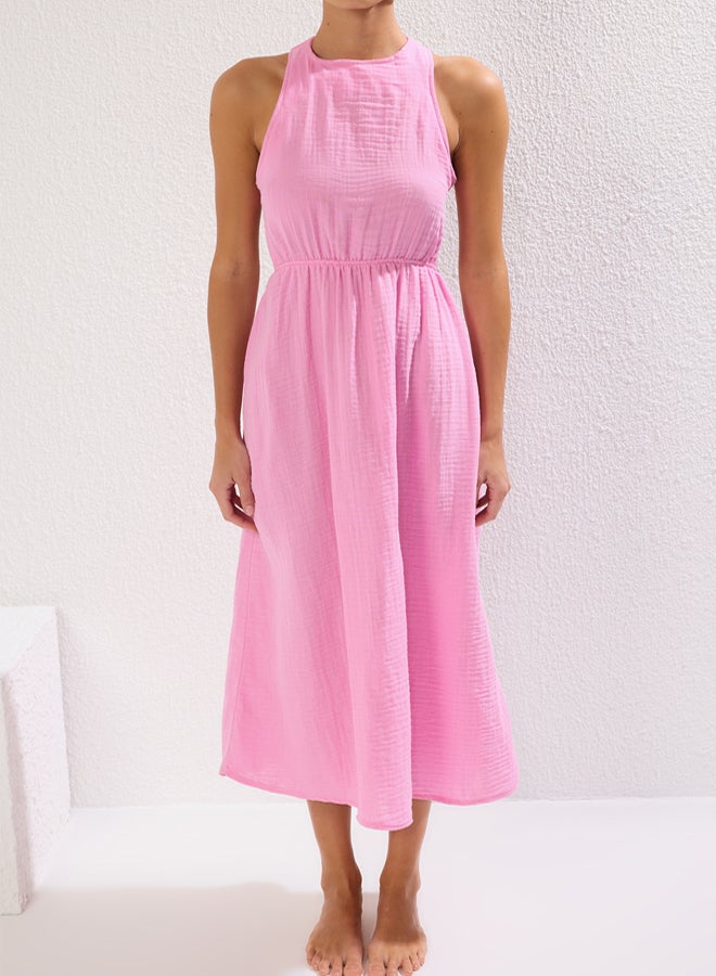 trendyol Pink Maxi Woven Backless Muslin Beach Dress - Image 3