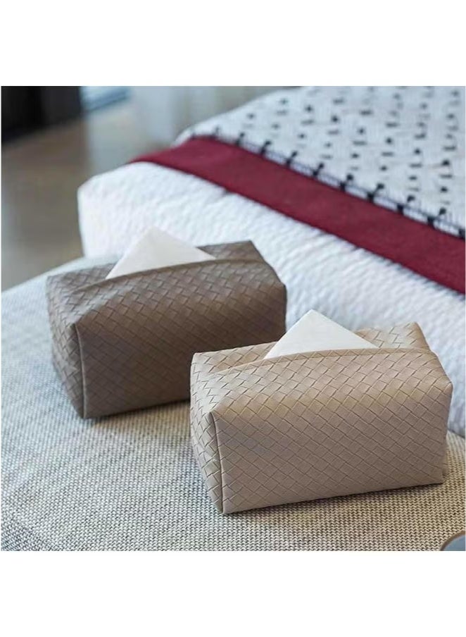 Tissue Box Cover Rectangle Cube Faux Pu Leather Woven Facial Box Covers Holder Tray Organizer for House Tabletop Office Car (Khaki) - Image 3