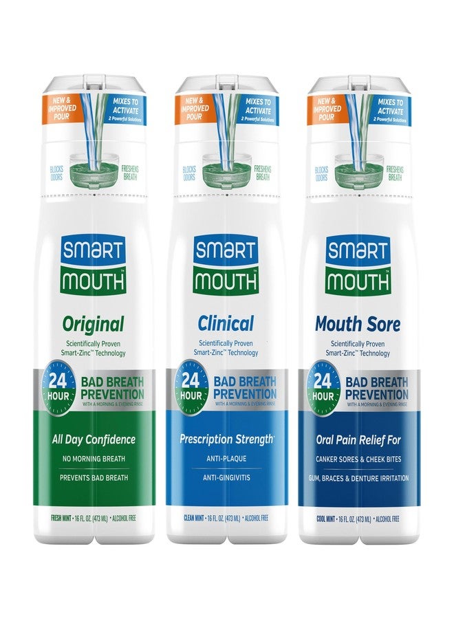 SmartMouth Package with Mouth Sore Activated Mouthwash - 16 Fl Oz, Cool Mint & Clinical DDS Activated Mouthwash - 16 Fl Oz, Clean Mint & Original Activated Mouthwash - 16 Fl Oz, Fresh Mint - Image 1