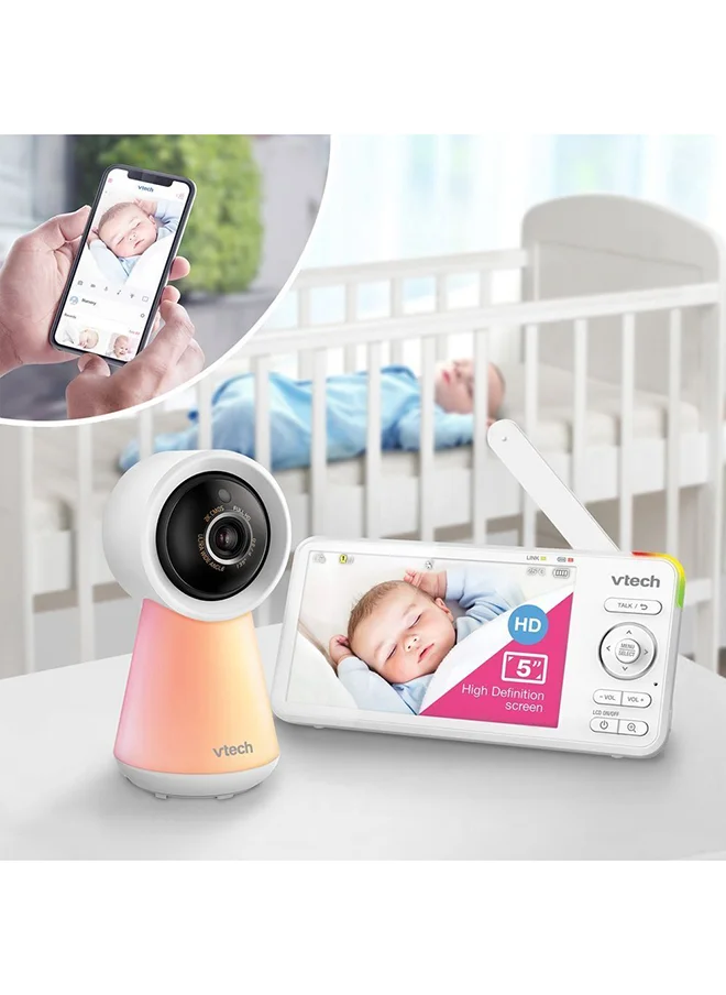 في تك Smart Wi Fi 1080P Video Baby Monitor System With 5 In. Display Night Light And Remote Access - White