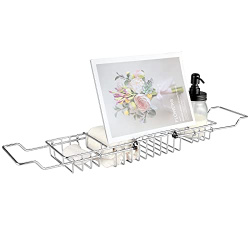 HOMEE Stainless Steel Shower Caddy Tray with Removable Book Holder, European Style Extendable Rectangular Bathroom Tray for Shower Bath Phone IPad Book Holder Candleholder Table Shelf - Silver - Image 1