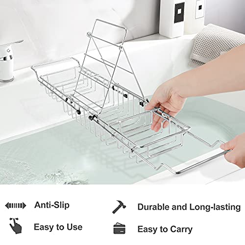 HOMEE Stainless Steel Shower Caddy Tray with Removable Book Holder, European Style Extendable Rectangular Bathroom Tray for Shower Bath Phone IPad Book Holder Candleholder Table Shelf - Silver - Image 4