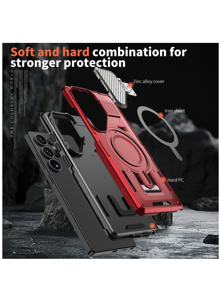 GOLDEN MASK - GOLDEN MASK Compatible With Samsung Galaxy S23 Ultra Case with Camera Protection, with Mag-safe Case Magnetic with Stand (Red) - Image 1