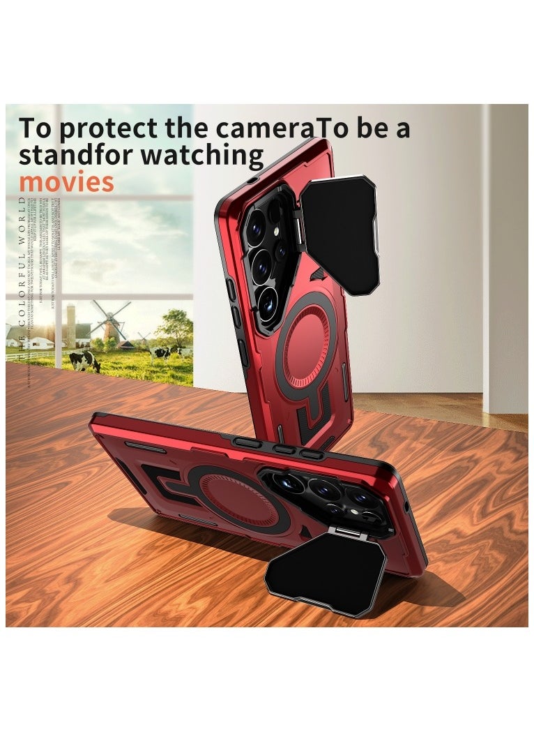 GOLDEN MASK - GOLDEN MASK Compatible With Samsung Galaxy S23 Ultra Case with Camera Protection, with Mag-safe Case Magnetic with Stand (Red) - Image 1