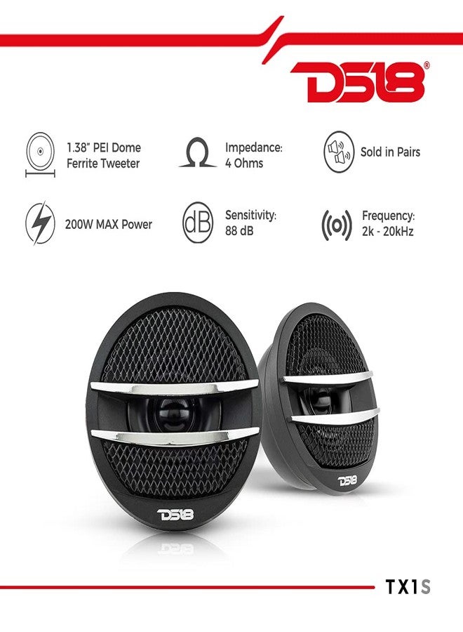 DS18 TX1S Tweeter X1 1.38-inch 200 Watts Max Pei Dome Ferrite Tweeters with Mounting Kit Angle, Flush, & Surface - Set of 2 (Black/Silver) - Image 2