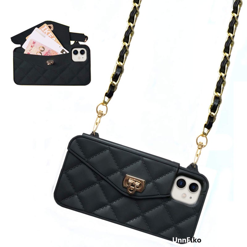 UnnFiko Wallet Case Compatible with iPhone 11, Cute Light Luxury Bag Design, Purse Flip Card Pouch Cover Soft Silicone Case with Handstrap Long Shoulder Strap (Black, iPhone 11) - Image 1