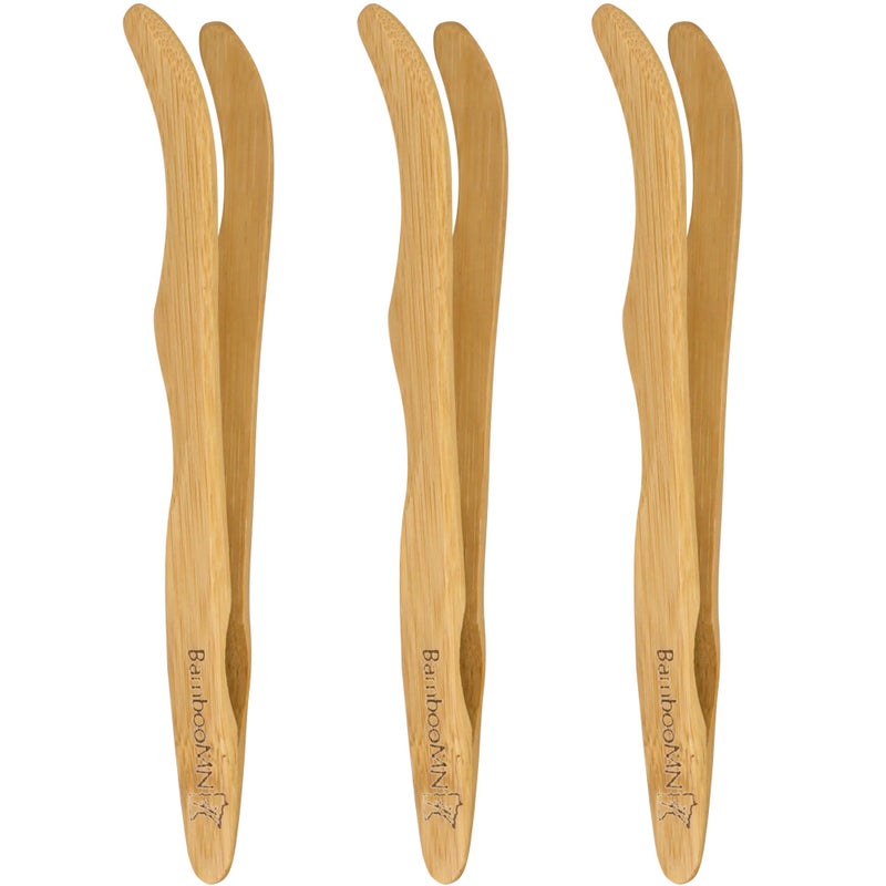 BambooMN 7 Reusable Bamboo Toast Tongs Curved Arms Carbonized Brown 3 Pieces