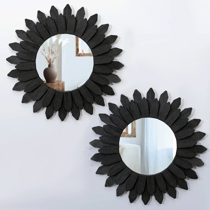 BOHO WALL DECOR MIRRORS FOR WALL 2 PACK 12 INCH WOOD DECORATIVE MIRROR FOR ROOM DECOR RUSTIC FARMHOUSE MIRROR FOR BEDROOM BATHROOM LIVING ROOM KITCHEN BLACK