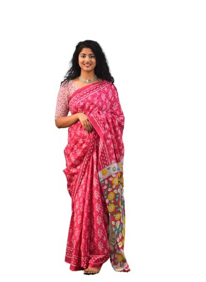 Kiaaron Women's Ikat Hand Block Print Jaipuri Cotton Mulmul Saree with Blouse Piece -Pink_Sup526 - Image 1