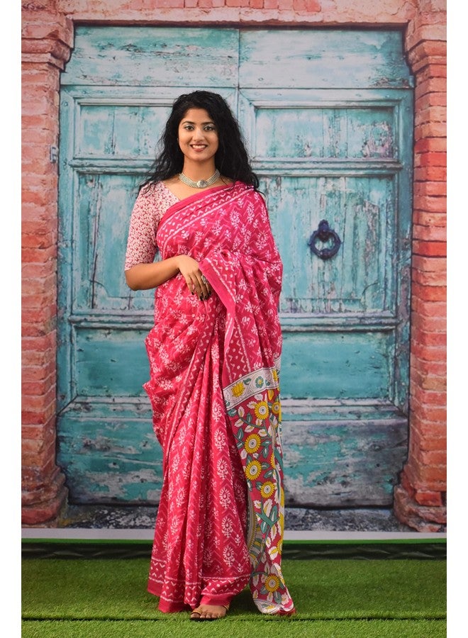 Kiaaron Women's Ikat Hand Block Print Jaipuri Cotton Mulmul Saree with Blouse Piece -Pink_Sup526 - Image 2