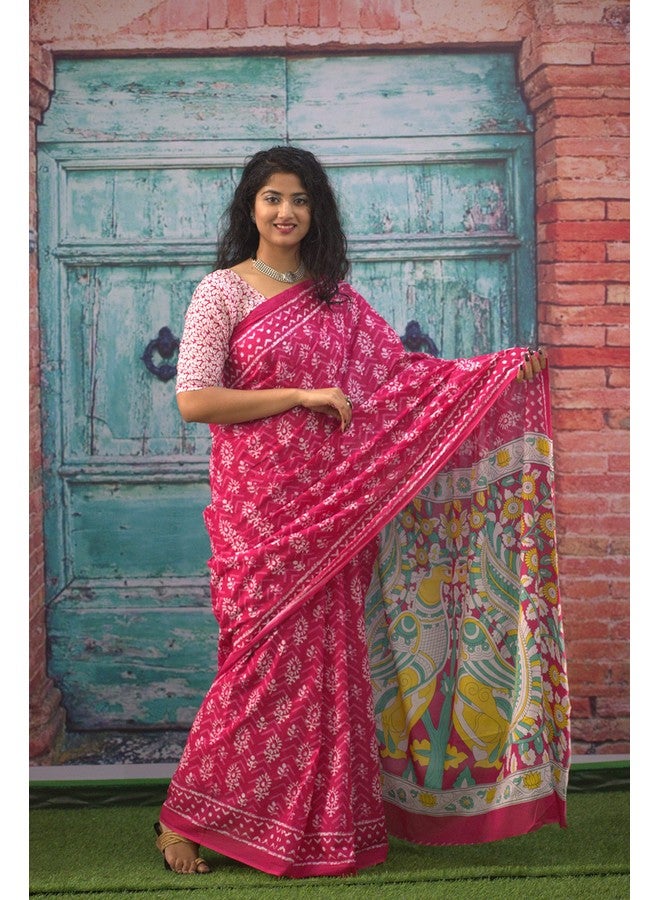 Kiaaron Women's Ikat Hand Block Print Jaipuri Cotton Mulmul Saree with Blouse Piece -Pink_Sup526 - Image 3