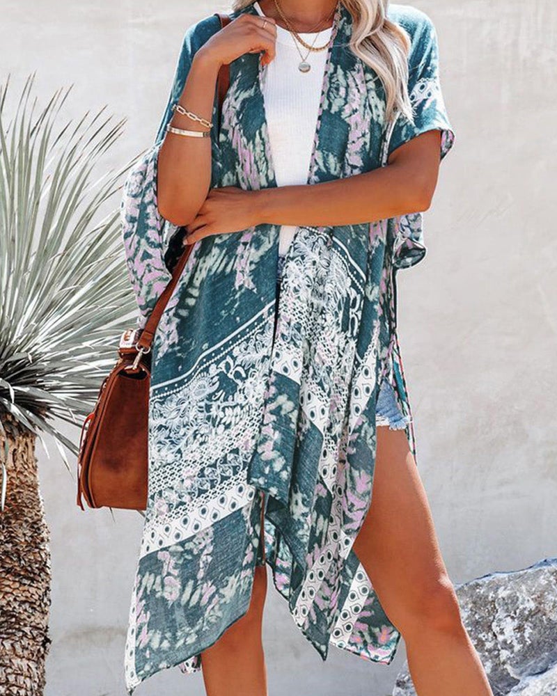 CHICGAL Beach Cover Up for Women Bohemia Bikini Kimono Casual Loose Open Front Cardigans(04-Teal Paisley,L) - Image 3
