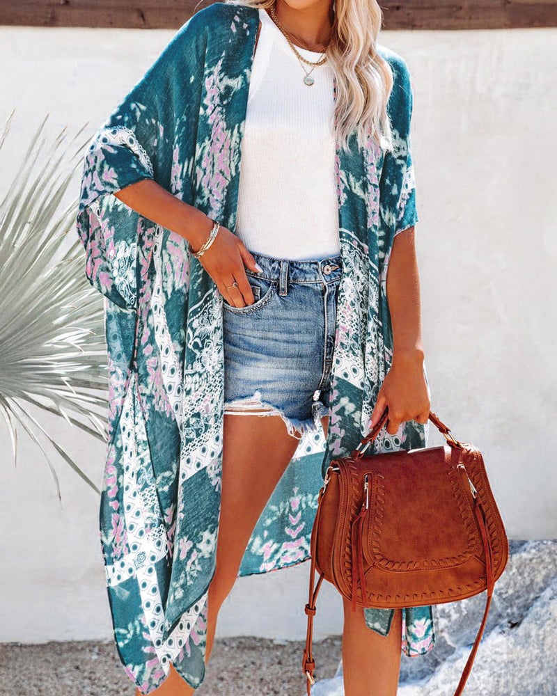 CHICGAL Beach Cover Up for Women Bohemia Bikini Kimono Casual Loose Open Front Cardigans(04-Teal Paisley,L) - Image 2