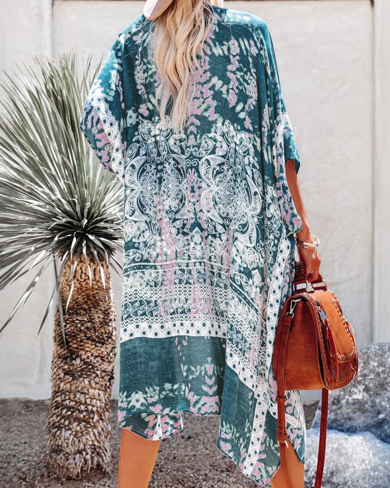 CHICGAL Beach Cover Up for Women Bohemia Bikini Kimono Casual Loose Open Front Cardigans(04-Teal Paisley,L) - Image 5
