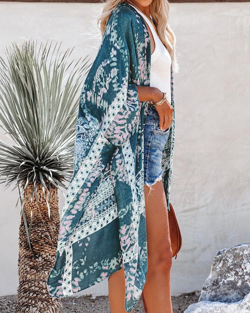 CHICGAL Beach Cover Up for Women Bohemia Bikini Kimono Casual Loose Open Front Cardigans(04-Teal Paisley,L) - Image 4