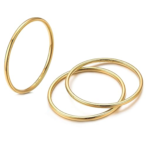 NOKMIT خواتم NOKMIT 3 قطع 1 مم مطلية بالذهب عيار 14 للنساء والفتيات، خاتم ذهب رفيع، لطيف، مناسب للإبهام والخنصر، غير متأكسد، مصقول بشكل عالي، مريح للارتداء، مقاس 4 إلى 11 (4) - Image 5