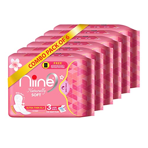 NIINE Naturally Soft Ultra Thin XL+ Sanitary Napkins for Heavy Flow (Pack of 6) 90 Pads with Free Biodegradable Disposal Bags - Image 1