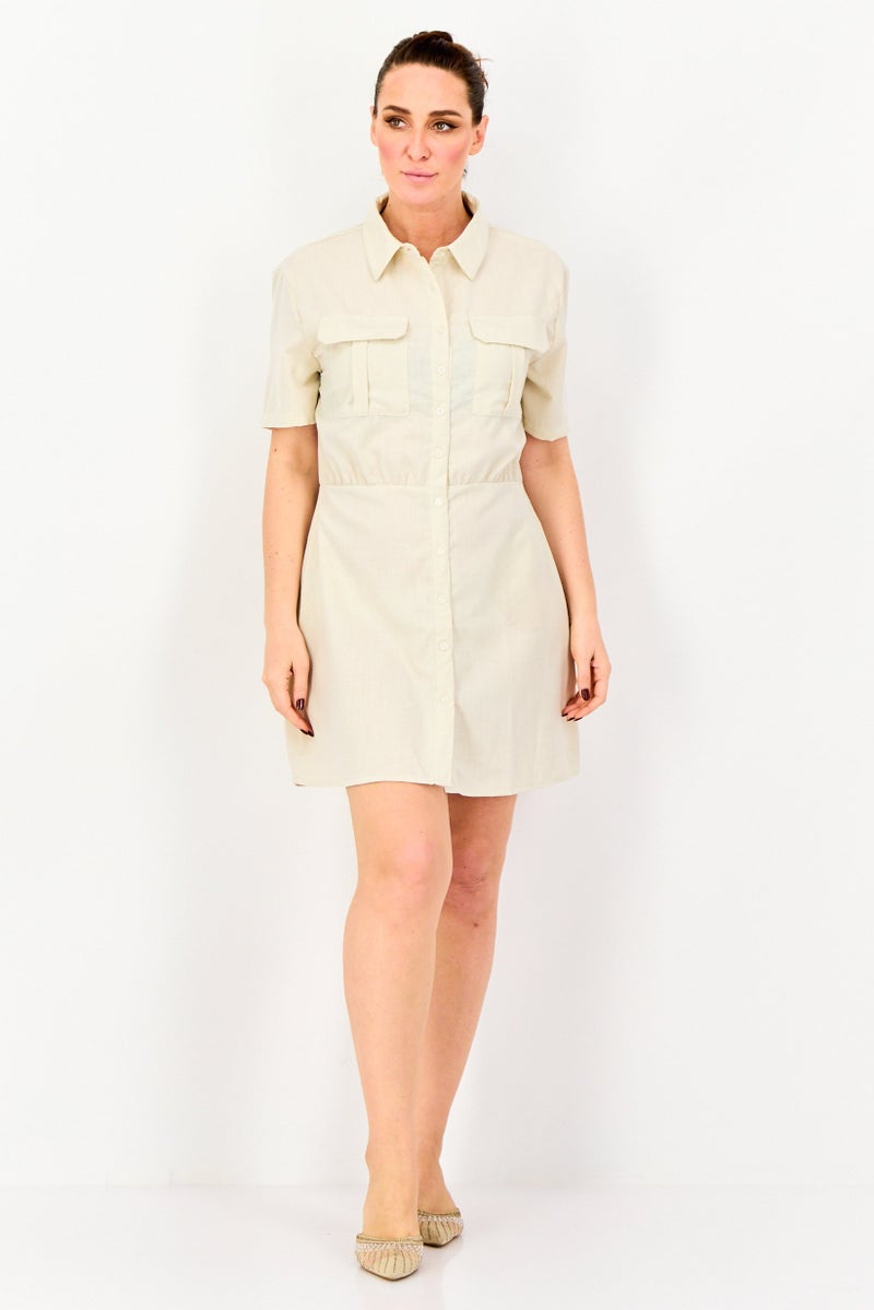 BRAVE SOUL Women Plain Shirt Dress, Beige - Image 3