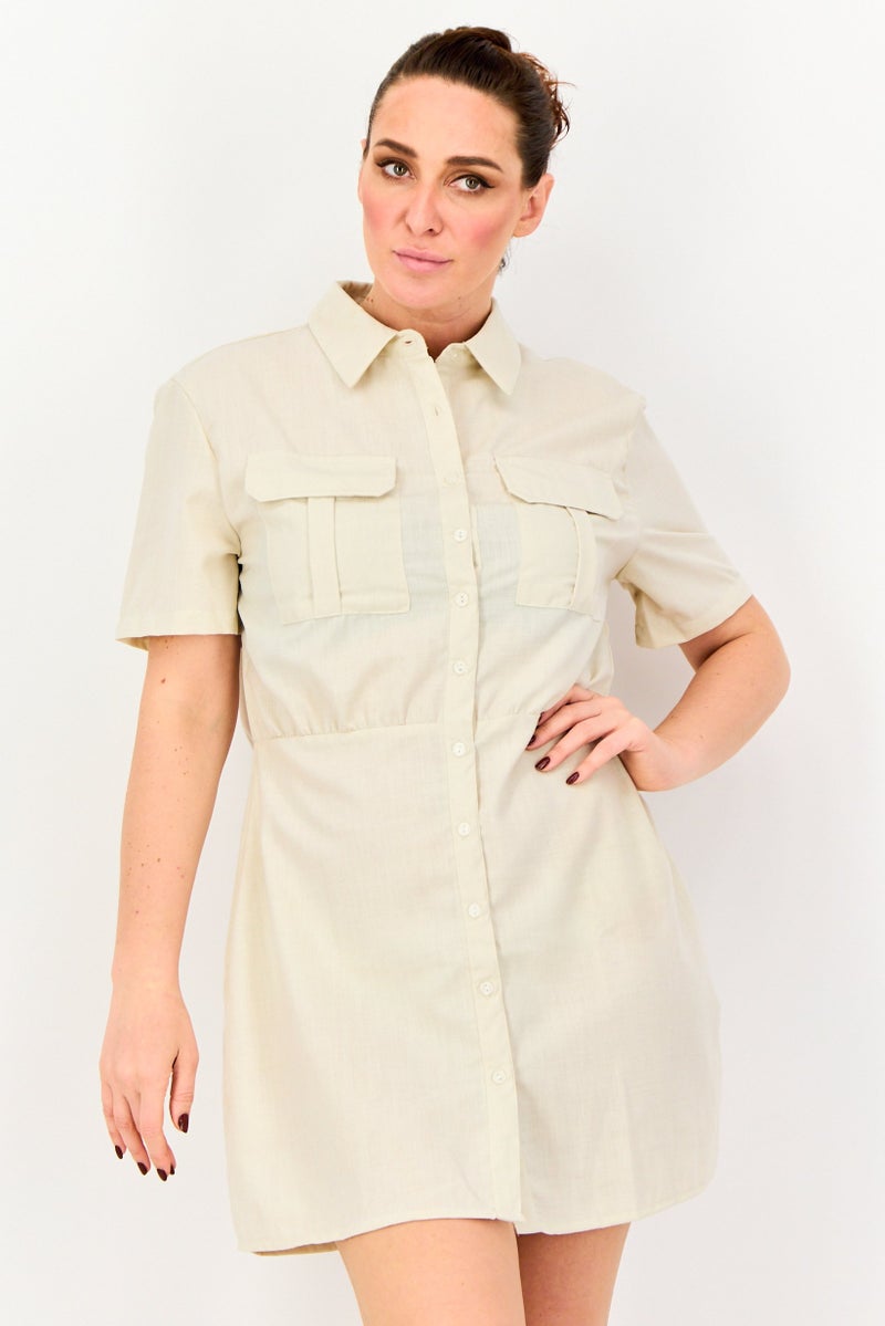 BRAVE SOUL Women Plain Shirt Dress, Beige - Image 1