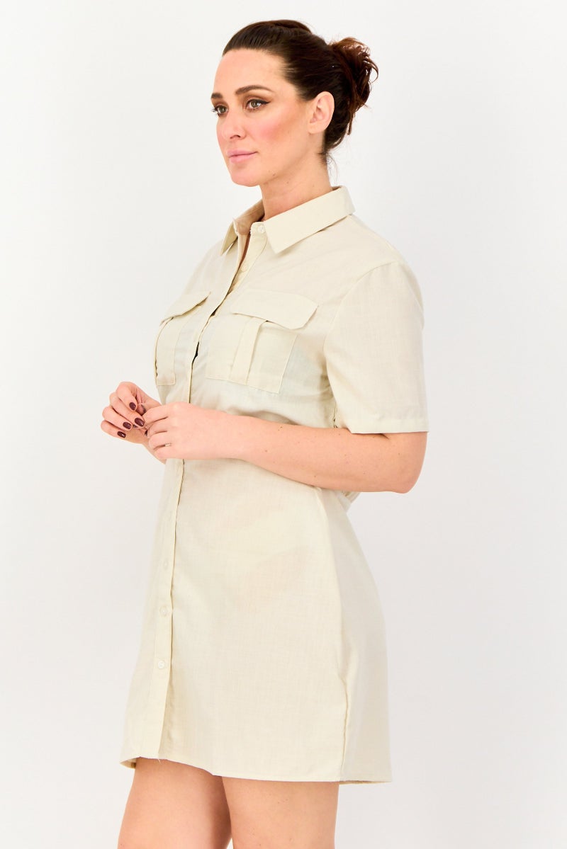 BRAVE SOUL Women Plain Shirt Dress, Beige - Image 4