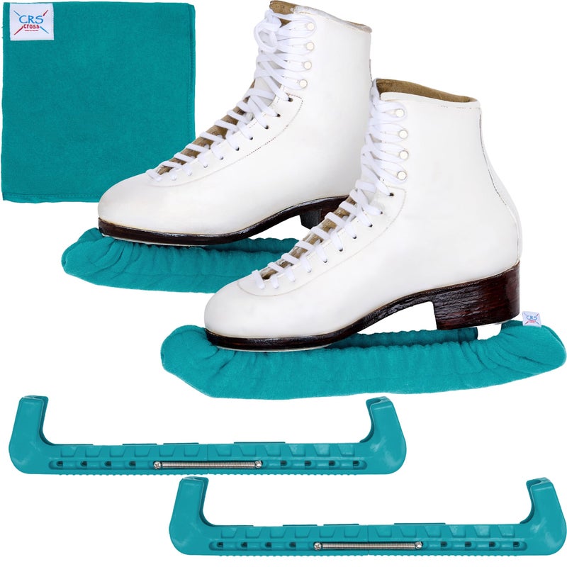 CRS Cross Ice Skate Guards Soakers and Towel Gift Set Essential Ice Skating Hard Guard and Soft Skate Blade Cover Accessories for Figure Skating or Hockey Triple Teal Medium