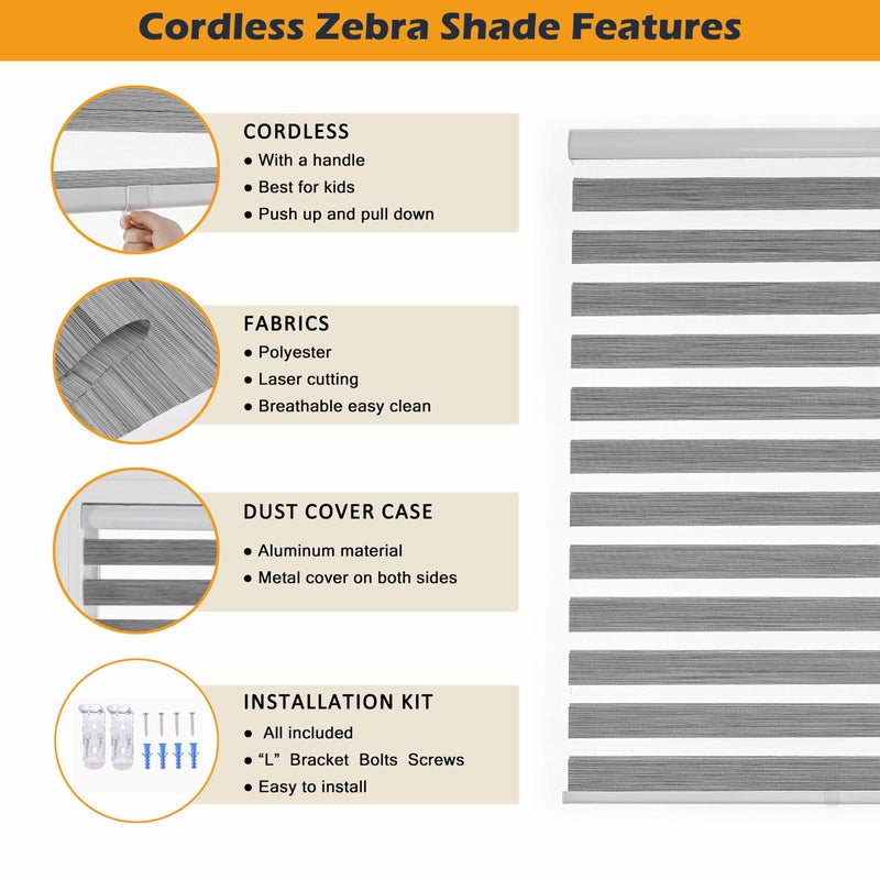 JIANGPIN TEXTILE Cordless Zebra Blinds for Indoor Windows Free-Stop Zebra Shades Dual Layer Light Filtering Sheer Shades Roller Window Blinds for Home (22" W X 72" H, Grey) - Image 5