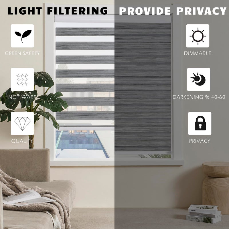 JIANGPIN TEXTILE Cordless Zebra Blinds for Indoor Windows Free-Stop Zebra Shades Dual Layer Light Filtering Sheer Shades Roller Window Blinds for Home (22" W X 72" H, Grey) - Image 3