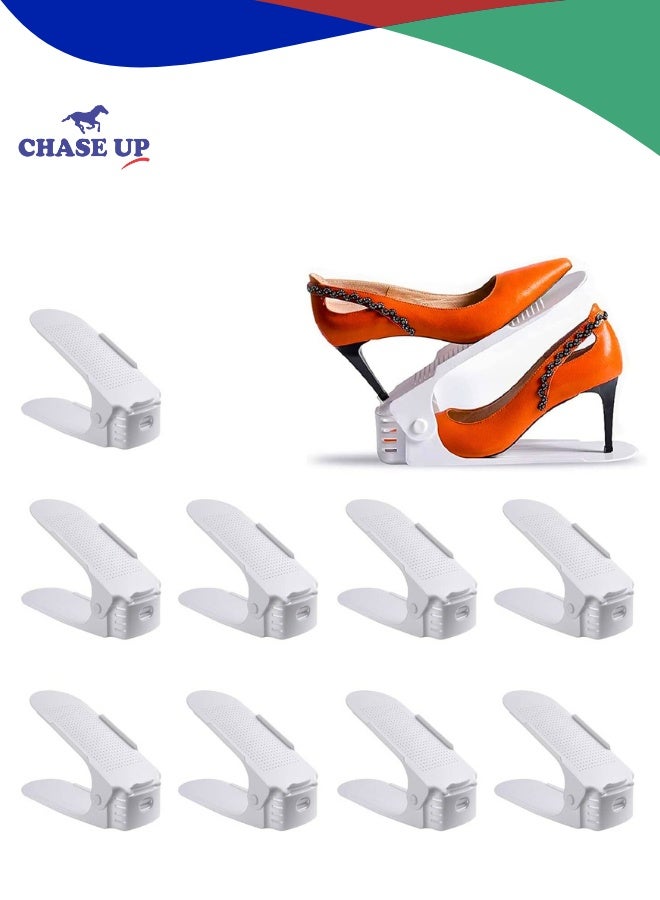 تشيس اب مجموعة من 9 قطع منظم أحذية قابل للتعديل، رف عرض مزدوج الطبقات، حامل تخزين أحذية موفر للمساحة لتنظيم الخزانة (رمادي أبيض) - Image 1