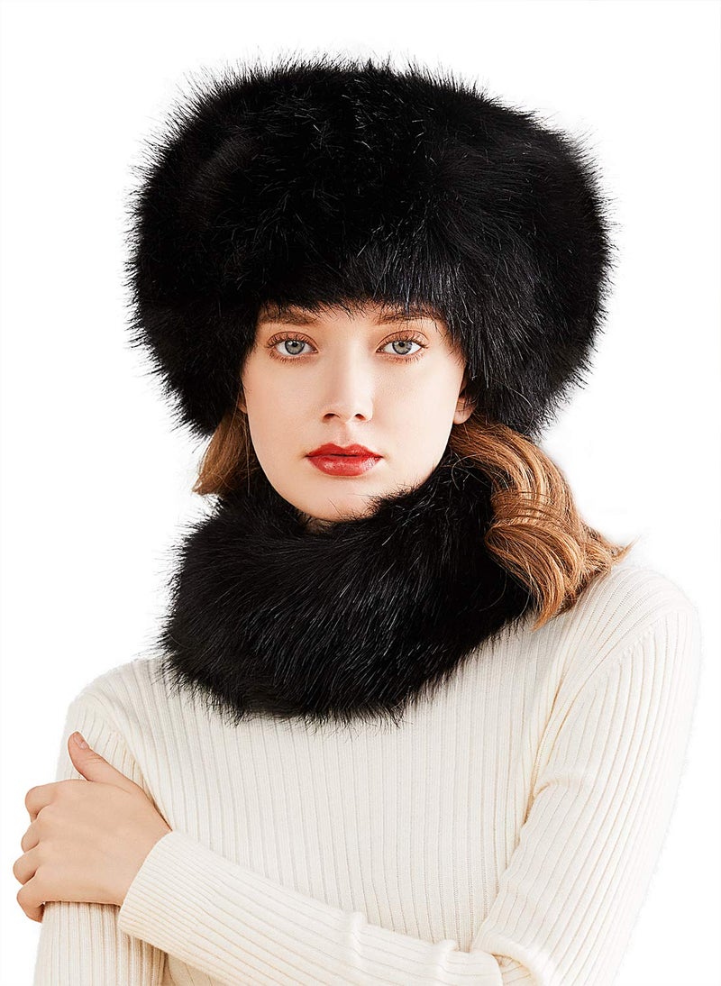 Lovful Faux Fur Women Russian Cossak Hat,Scarf Set for Ladies Winter,Black - Image 1