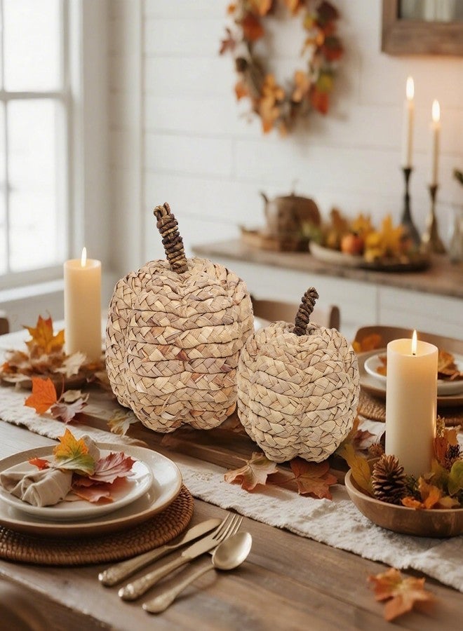 winemana 2 Pack Pumpkin Fall Decor Thanksgiving Decorative Pumpkins for Home Woven Cattail Figurines Farmhouse Autumn Decorations Fall Centerpieces for Table Porch Mantel Indoor (Beige) - Image 2