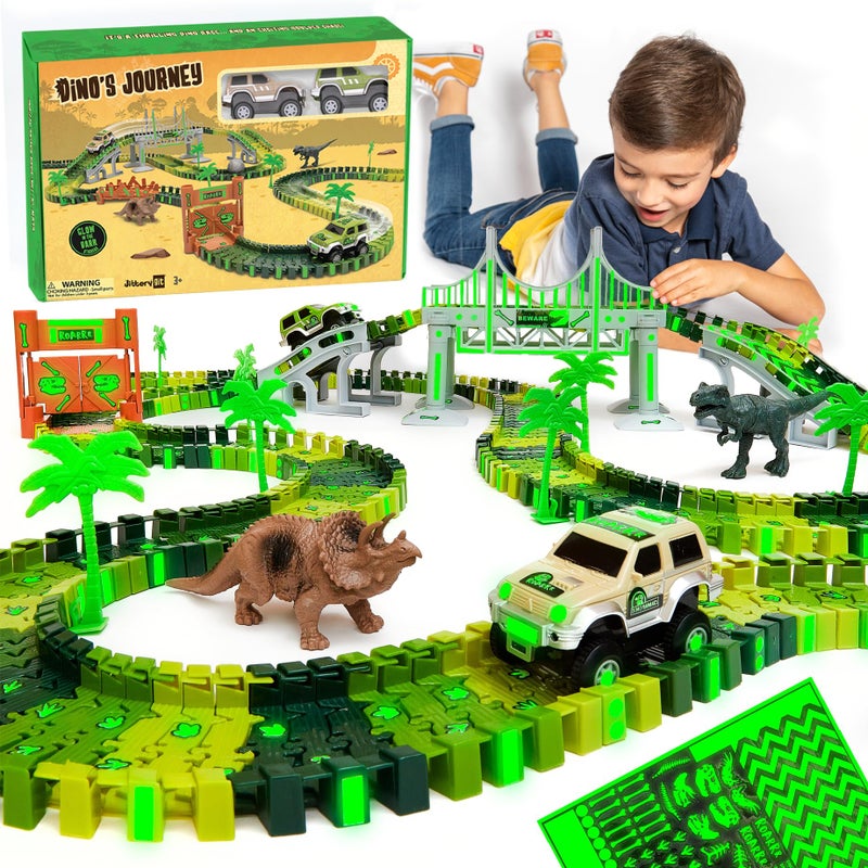 JITTERYGIT Dinosaur Jurassic Race Track Train Glow in The Dark World Toy Set Kids Dino Racetrack Park Includes TRex  Triceratops Playset  Best Birthday Gift for Boys  Girls 3 4 5 6 7 8 Year Old - Image 2