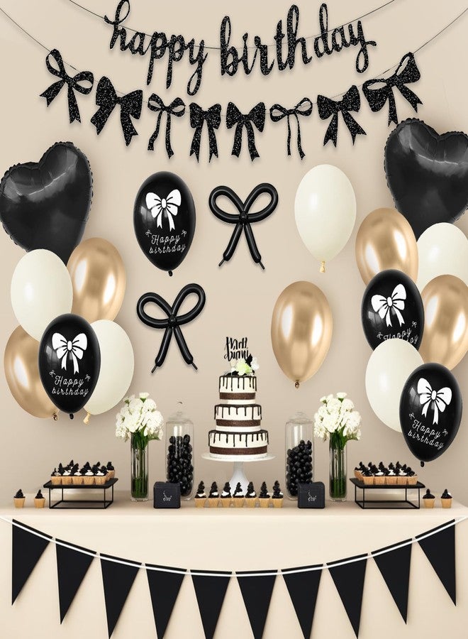 Vibzox Bow Birthday Decorations,Bow Coquette Party Decorations with Happy Birthday Banner Black Gold Sand White Bow Balloons Heart Foil Balloons for Girls Women Bow Theme Decor - Image 5