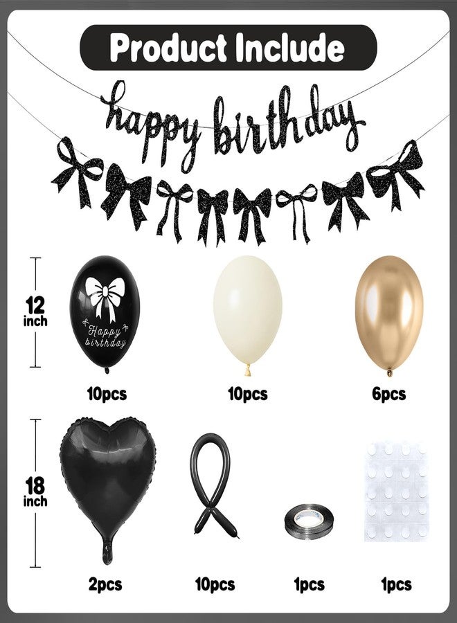 Vibzox Bow Birthday Decorations,Bow Coquette Party Decorations with Happy Birthday Banner Black Gold Sand White Bow Balloons Heart Foil Balloons for Girls Women Bow Theme Decor - Image 2