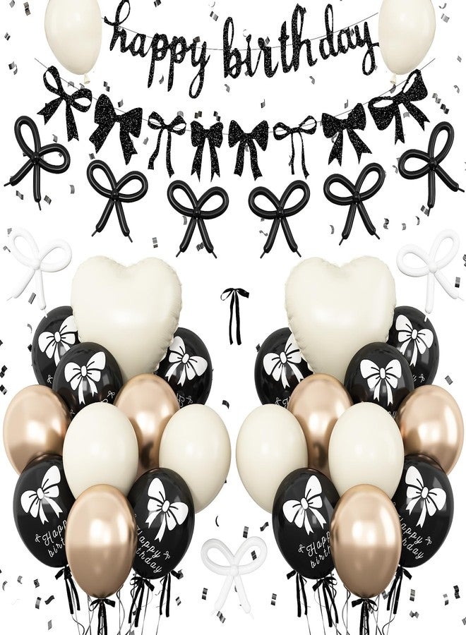 Vibzox Bow Birthday Decorations,Bow Coquette Party Decorations with Happy Birthday Banner Black Gold Sand White Bow Balloons Heart Foil Balloons for Girls Women Bow Theme Decor - Image 1
