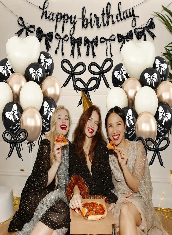 Vibzox Bow Birthday Decorations,Bow Coquette Party Decorations with Happy Birthday Banner Black Gold Sand White Bow Balloons Heart Foil Balloons for Girls Women Bow Theme Decor - Image 4