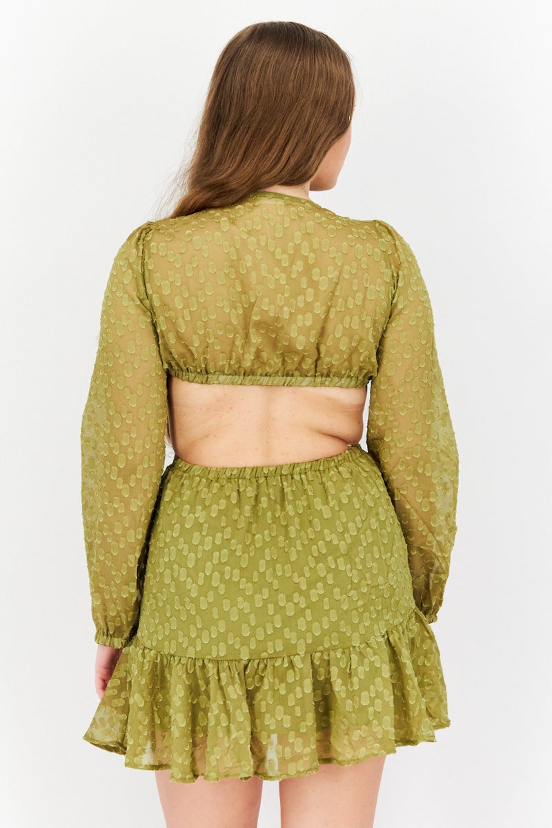 Endless Blu Women Textured Mini Dress, Olive - Image 3