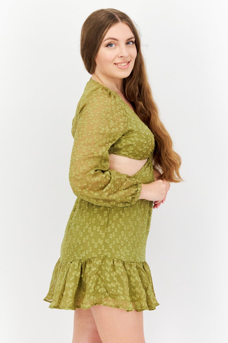 Endless Blu Women Textured Mini Dress, Olive - Image 2
