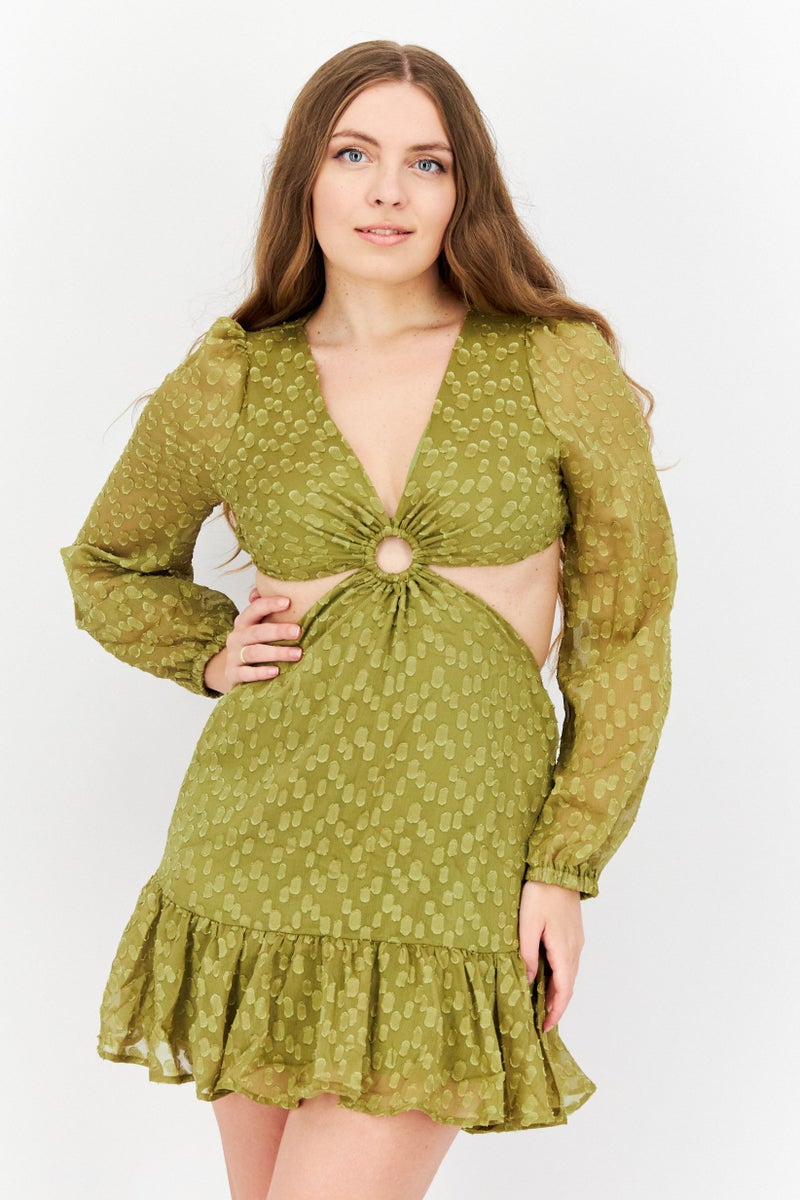 Endless Blu Women Textured Mini Dress, Olive - Image 1