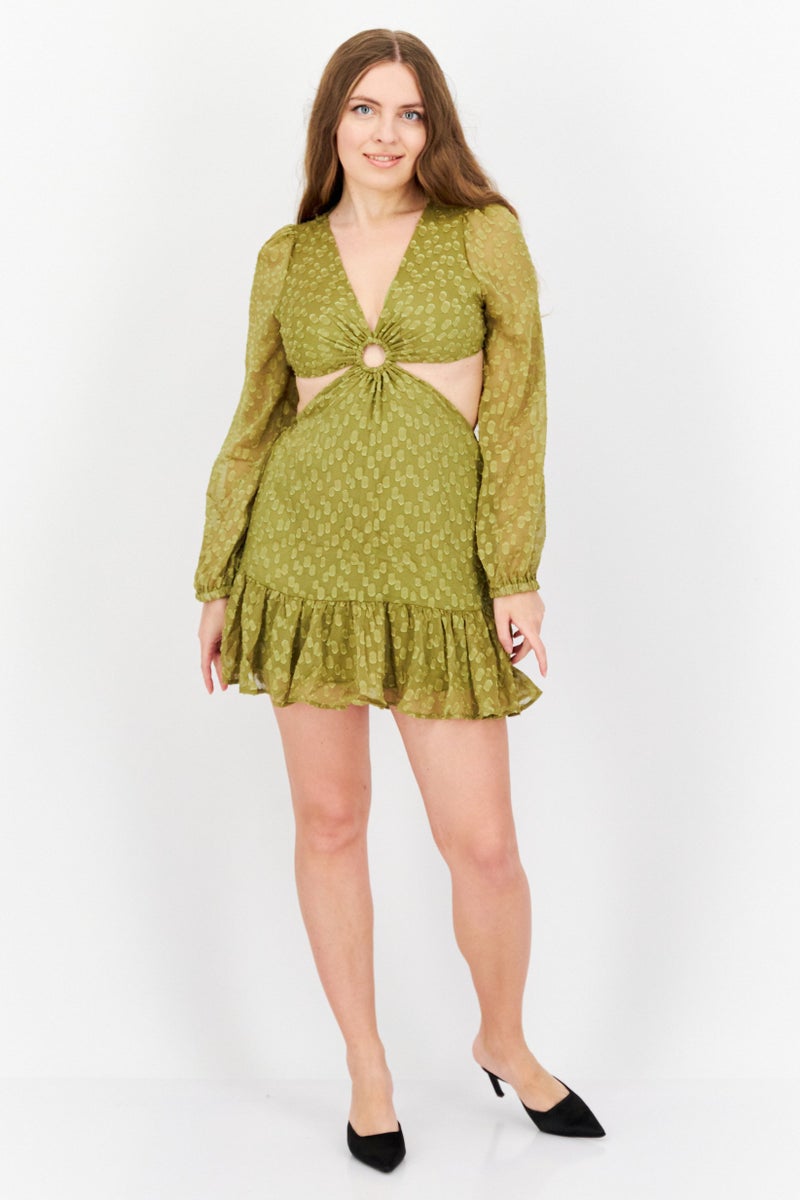 Endless Blu Women Textured Mini Dress, Olive - Image 4