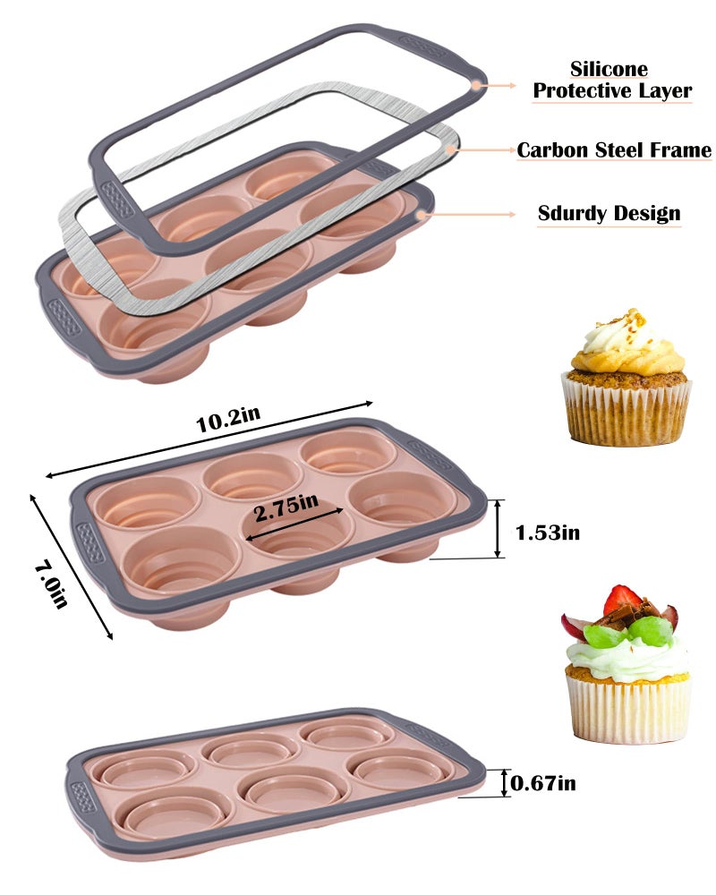 LGQUK Silicone Muffin Pan for Baking with Metal Frame， Nonstick Cupcake Pan, 6 Cup Baking Pan for Cupcake, Tarts, Egg Bites(6 Cup Pink) - Image 2