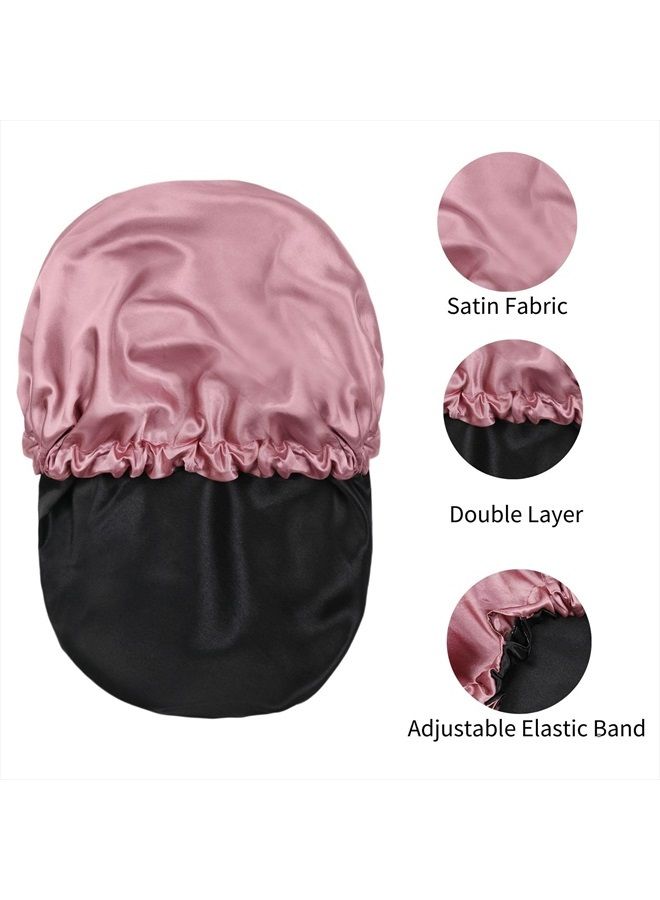 Cospack Satin Bonnet Silk Hair Cap: 2pcs Double Layer Reversible Extra Large Jumbo Adjustable Satin Lined Stainless Oversized Bonnets Sleep Night Cap No Slip-Off for Women Braids Sleeping (Black+Rosegold) - Image 4